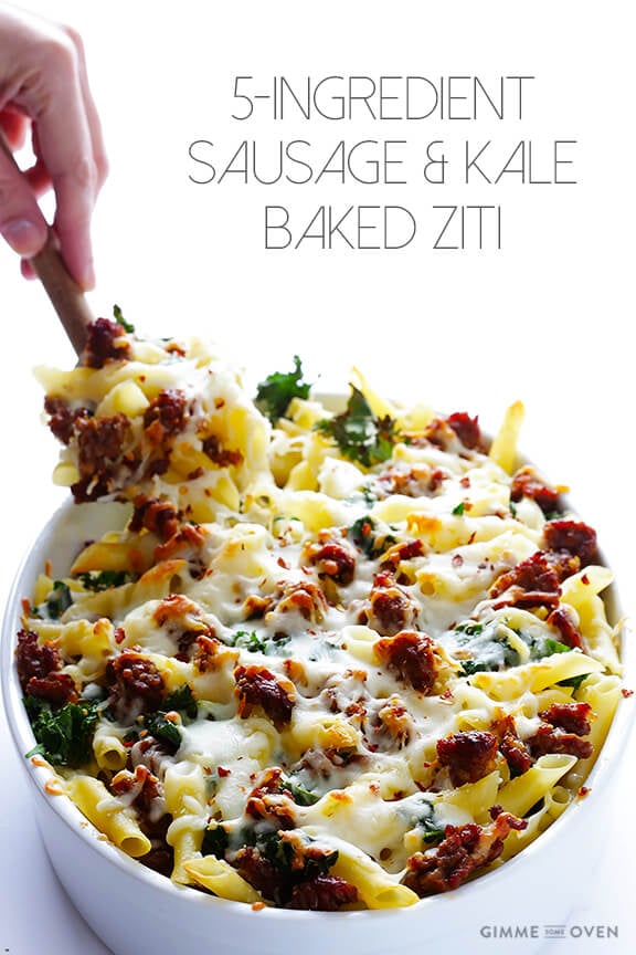 5-Ingredient Italian Sausage and Kale Baked Ziti | gimmesomeoven.com