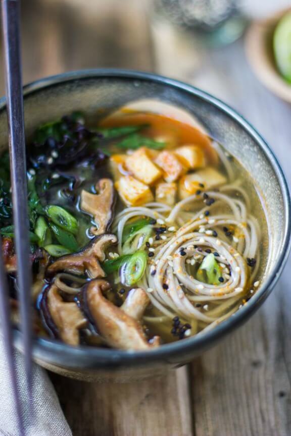 Miso and Soba Noodle Soup with Roasted Sriracha Tofu and Shiitake Mushrooms | bojongourmet.com