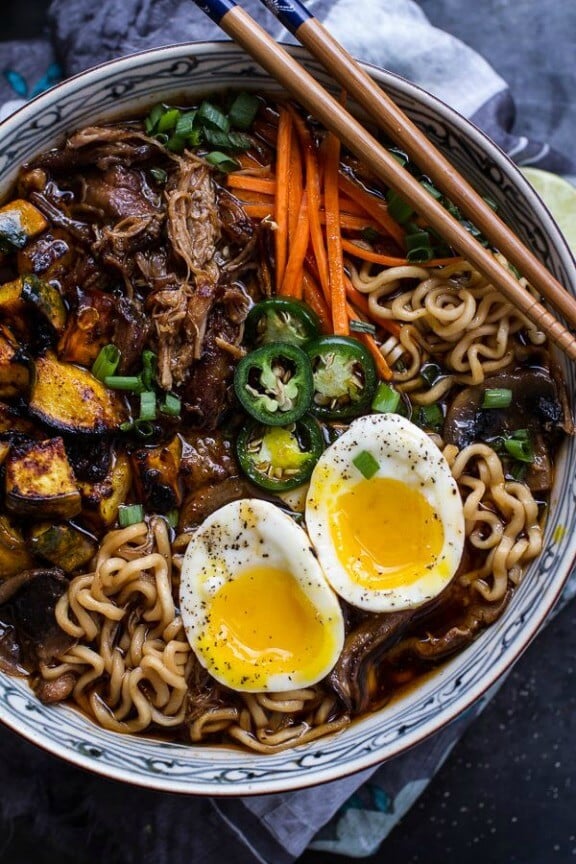 Crockpot Crispy Caramelized Pork Ramen Noodle Soup with Curry Roasted Acorn Squash | halfbakedharvest.com