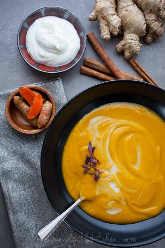 Hot or Chilled Ginger and Turmeric Spiced Spring Carrot Soup | gourmandeinthekitchen.com