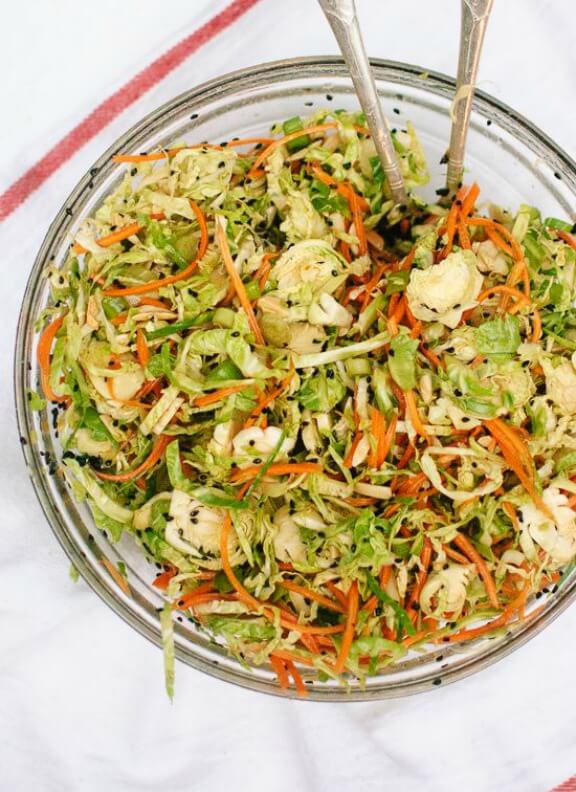 Asian Brussels Sprout Slaw with Carrots and Almonds | cookieandkate.com