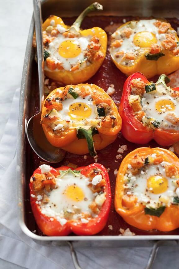 Baked Eggs in Stuffed Peppers with Sweet Potato Hash | foodiecrush.com