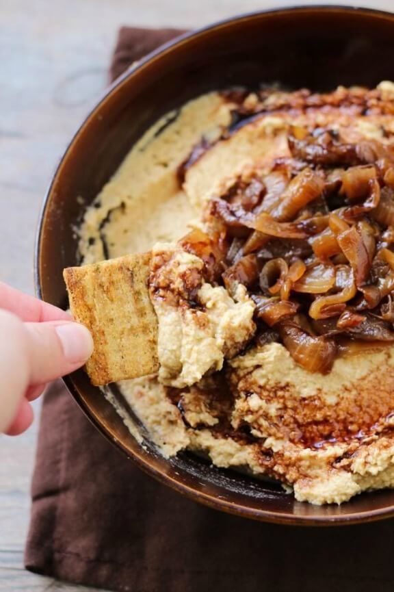 Balsamic Caramelized Onion Hummus | onceuponacuttingboard.com