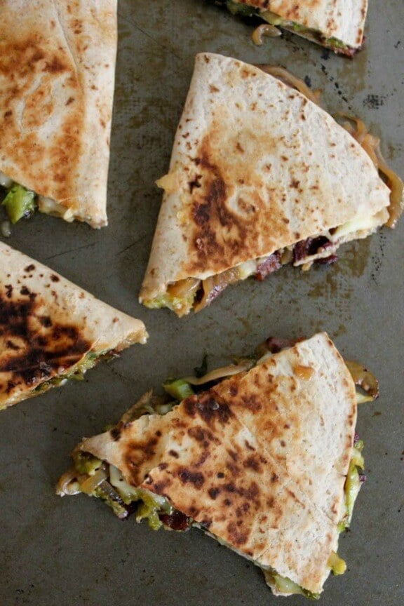 Brie Quesadillas with Brussels Sprouts, Bacon and Beer-Glazed Onions | domesticate-me.com