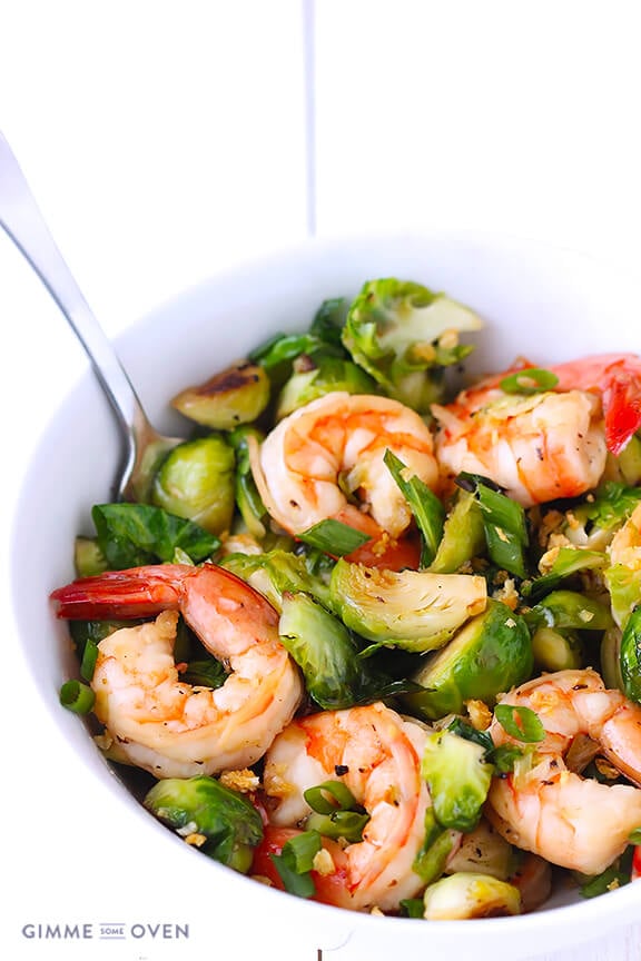 Honey Sesame Shrimp with Brussels Sprouts Stir-Fry | gimmesomeoven.com