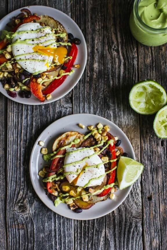 Tex-Mex Eggs Benedict with Grilled Potato Slabs & Avocado Lime Hollandaise | edibleperspective.com