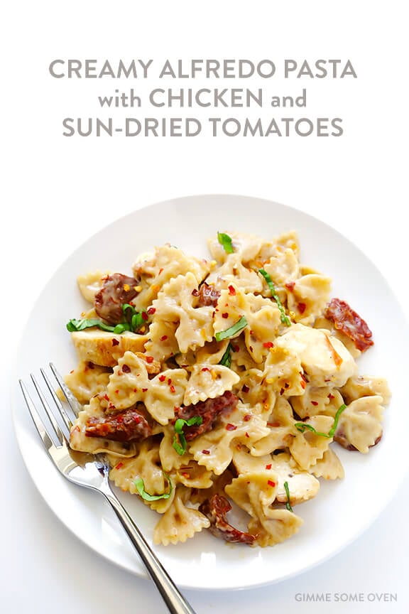 Creamy Pasta with Chicken & Sun-Dried Tomatoes -- ready to go in 30, and made with a lightened-up sauce | gimmesomeoven.com