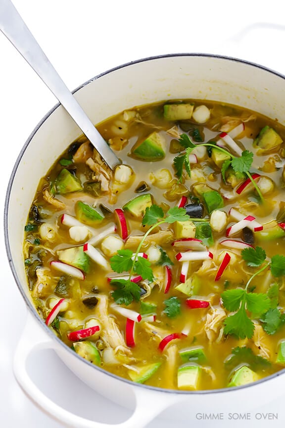 Easy Chicken Posole Verde -- this delicious and simple soup is ready to go in just 20 minutes! | gimmesomeoven.com