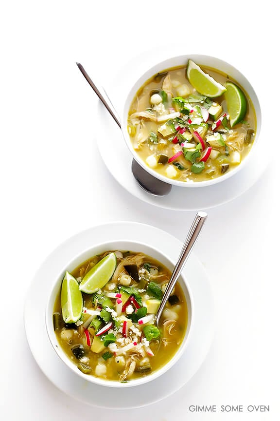 Easy Chicken Posole Verde -- this delicious and simple soup is ready to go in just 20 minutes! | gimmesomeoven.com