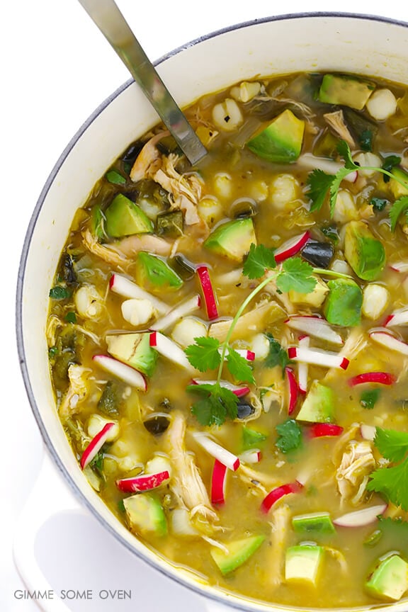 Easy Chicken Posole Verde -- this delicious and simple soup is ready to go in just 20 minutes! | gimmesomeoven.com