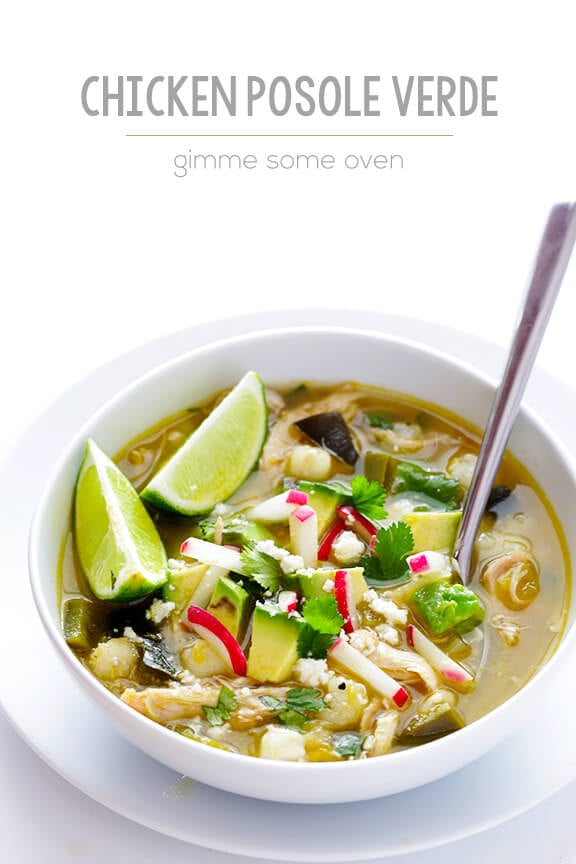 Easy Chicken Posole Verde -- this delicious and simple soup is ready to go in just 20 minutes! | gimmesomeoven.com