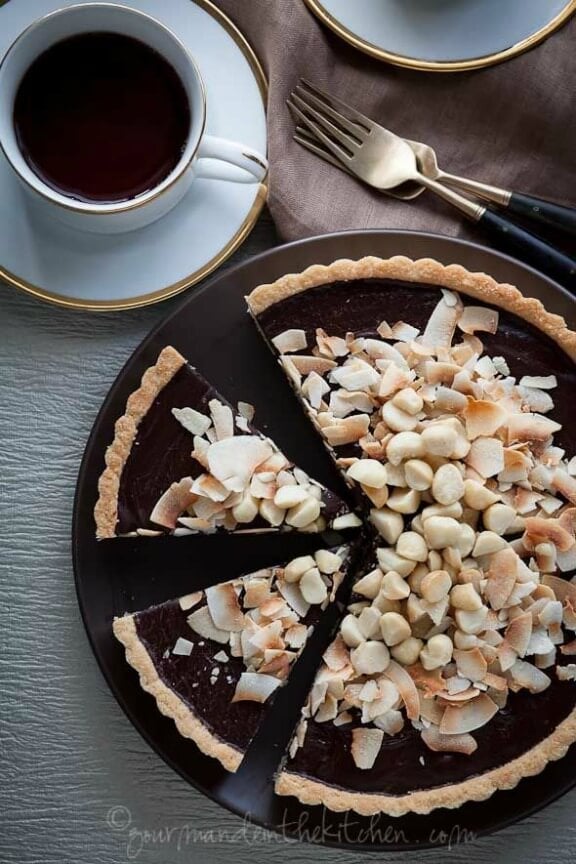 Chocolate, Coconut, Macadamia Nut Tart | gourmandeinthekitchen.com