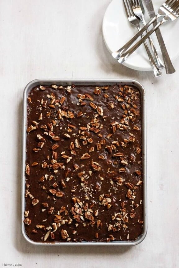 Lighter Version of Grandma's Chocolate Sheet Cake | ihearteating.com