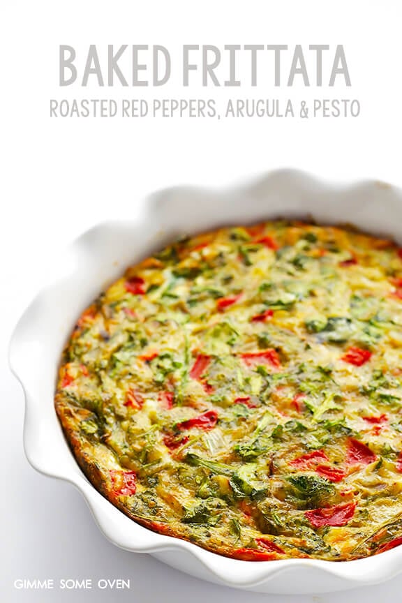 Baked Frittata with Roasted Red Peppers, Arugula and Pesto | gimmesomeoven.com