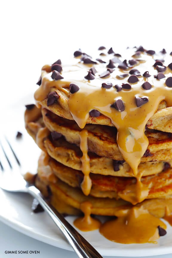 Whole Wheat Peanut Butter Chocolate Chip Pancakes | gimmesomeoven.com