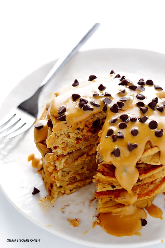 Whole Wheat Peanut Butter Chocolate Chip Pancakes | gimmesomeoven.com