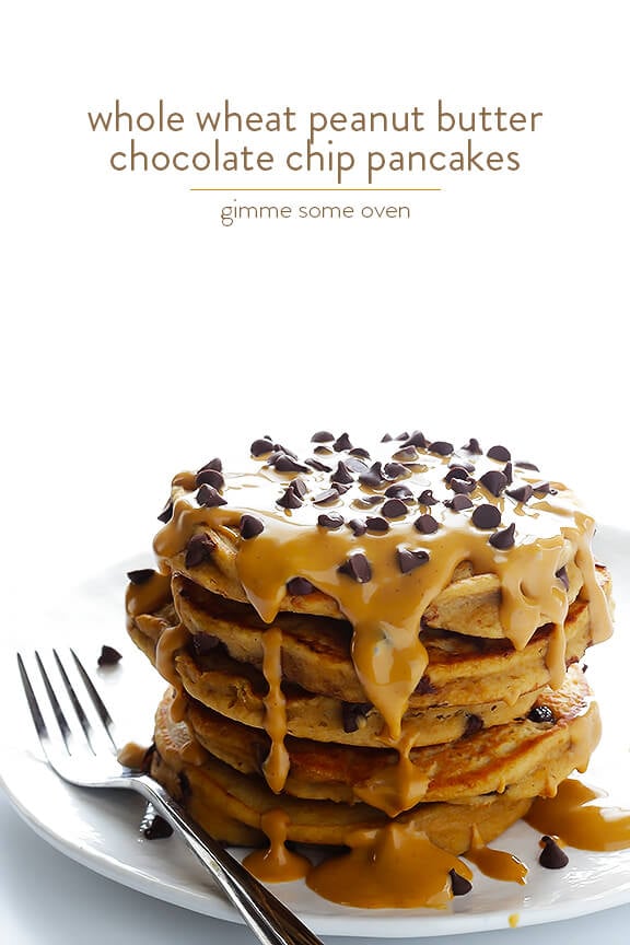 Whole Wheat Peanut Butter Chocolate Chip Pancakes | gimmesomeoven.com