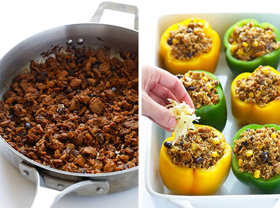 LOVE this 5-Ingredient Vegetarian Stuffed Peppers recipe! It's easy, cheesy, filled with lots of quinoa and black beans, and SO delicious! | gimmesomeoven.com 