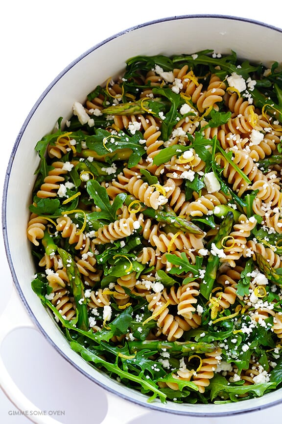 Asparagus and Arugula Pasta Salad -- quick and easy to make, and a total crowd-pleaser! | gimmesomeoven.com