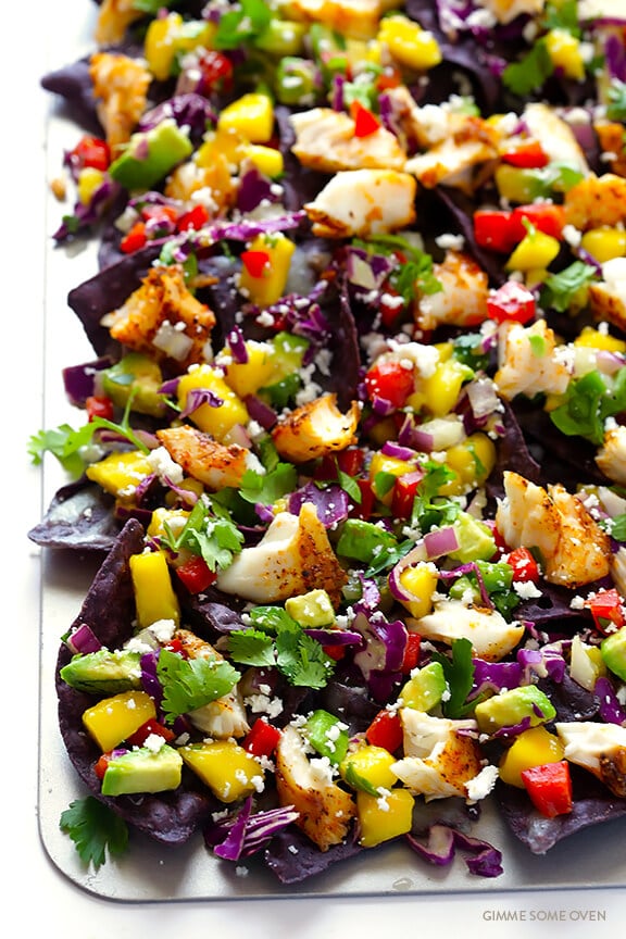 Rainbow Fish Taco Nachos -- easy to make, naturally gluten-free, and guaranteed to be the hit of the party! | gimmesomeoven.com