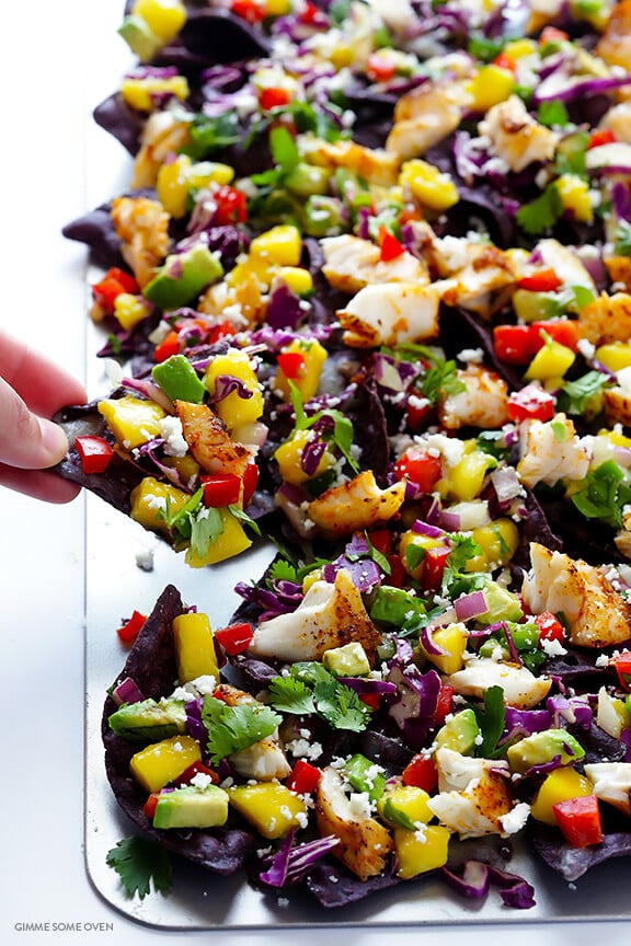 Rainbow Fish Taco Nachos -- easy to make, naturally gluten-free, and guaranteed to be the hit of the party! | gimmesomeoven.com