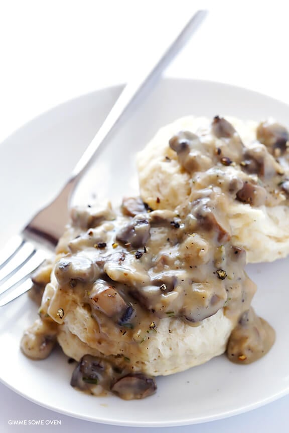 Biscuits and Mushroom Gravy -- simple to make, naturally vegan, and so comforting and delicious! | gimmesomeoven.com