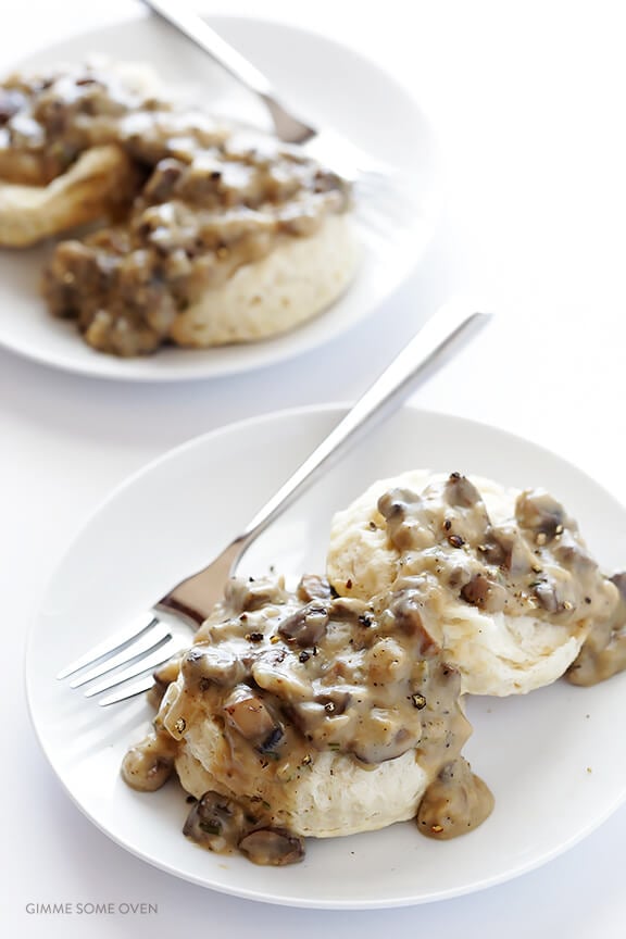 Biscuits and Mushroom Gravy -- simple to make, naturally vegan, and so comforting and delicious! | gimmesomeoven.com