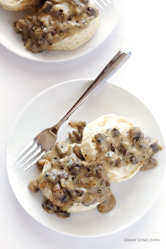 Biscuits and Mushroom Gravy -- simple to make, naturally vegan, and so comforting and delicious! | gimmesomeoven.com