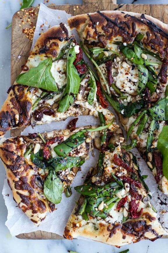 Spring Time Mushroom & Asparagus White Burrata Cheese Pizza with Balsamic Drizzle | halfbakedharvest.com