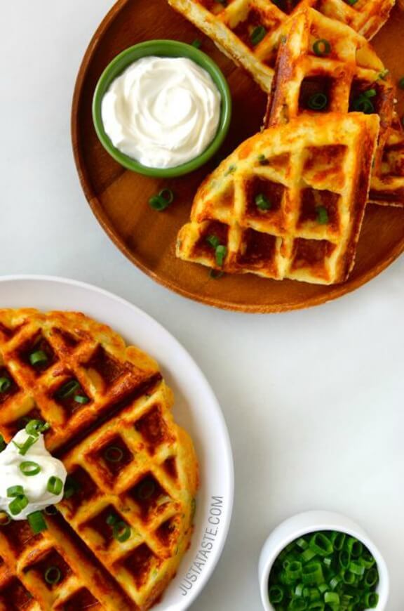 Cheesy Leftover Mashed Potato Waffles | justataste.com