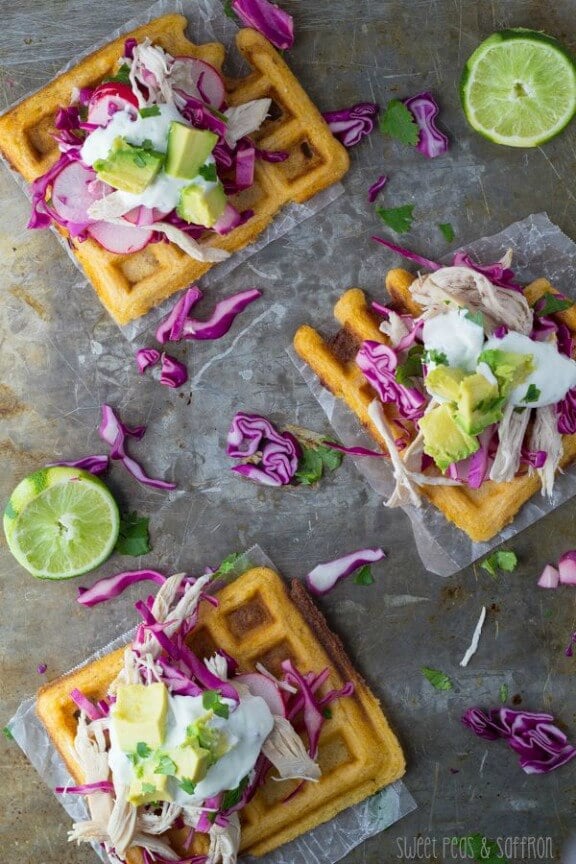 Chipotle-Cornmeal Waffle Tostadas with Chicken & Lime Crema | sweetpeasandsaffron.com