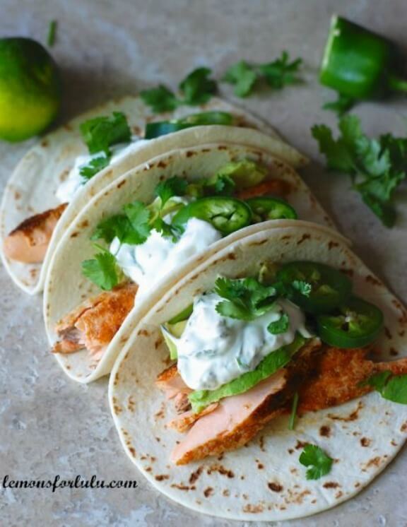 Salmon Tacos with Jalapeño Cream | lemonsforlulu.com