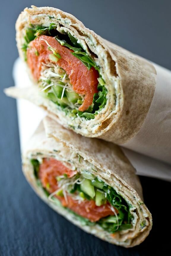 Smoked Salmon Lavash Wrap with Spicy Greens, Fresh Cucumber and Sprouts with Savory Lemon-Dill Cream Cheese Spread | thecozyapron.com