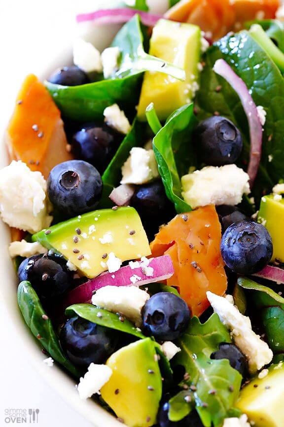 Spinach Salad with Salmon, Avocado and Blueberries | gimmesomeoven.com