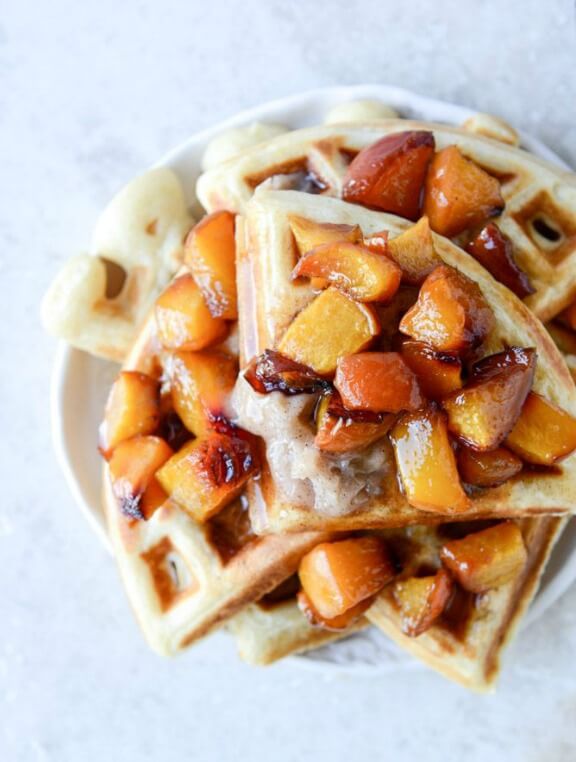 Vanilla Yeasted Waffles with Roasted Peach Maple Syrup | howsweeteats.com