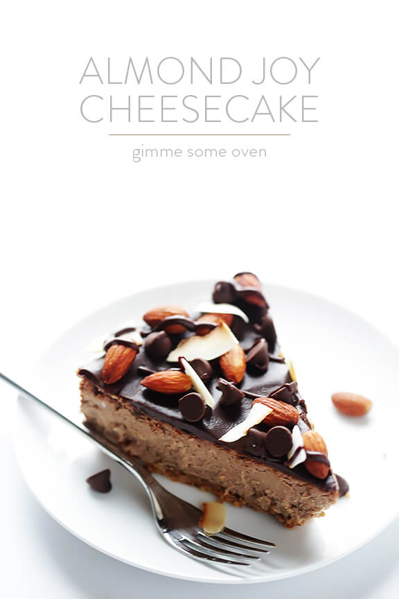 Almond Joy Cheesecake -- made with an easy almond crust, and naturally gluten-free! | gimmesomeoven.com