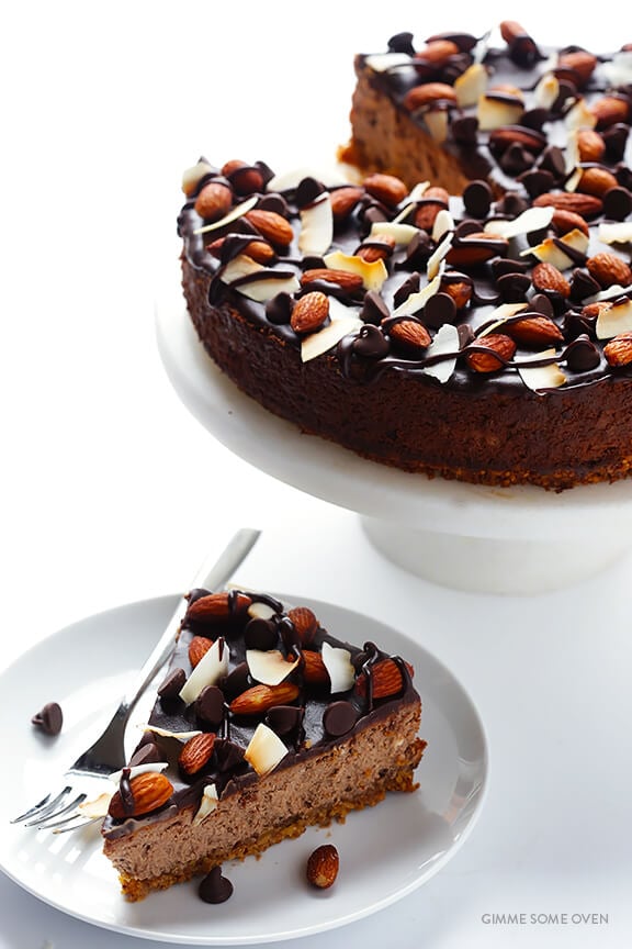 Almond Joy Cheesecake -- made with an easy almond crust, and naturally gluten-free! | gimmesomeoven.com