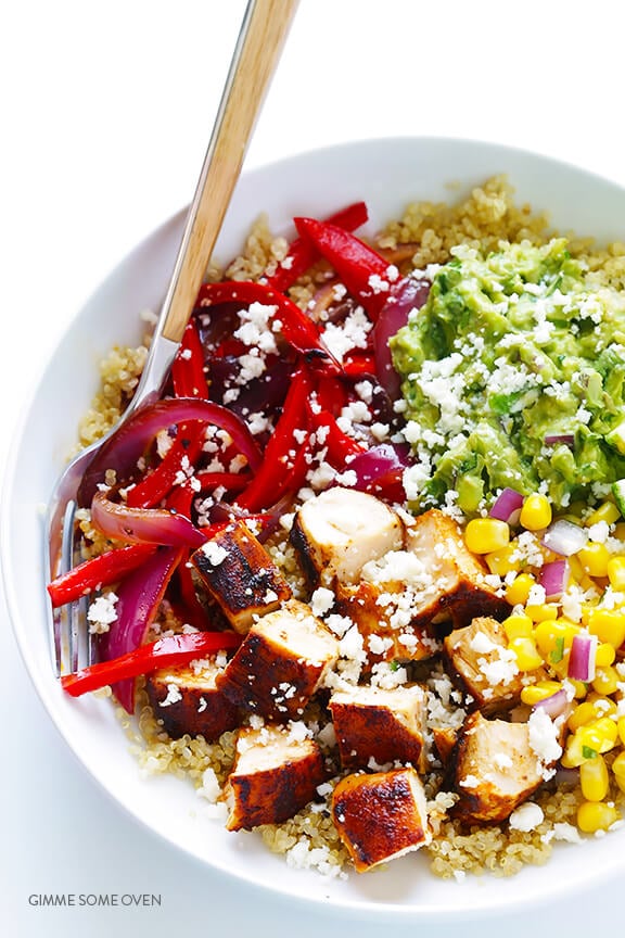 Chicken Quinoa Burrito Bowls -- easy to make, naturally gluten-free, and even tastier than the restaurant version! | gimmesomeoven.com