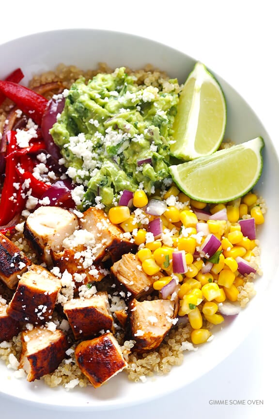 Chicken Quinoa Burrito Bowls -- easy to make, naturally gluten-free, and even tastier than the restaurant version! | gimmesomeoven.com