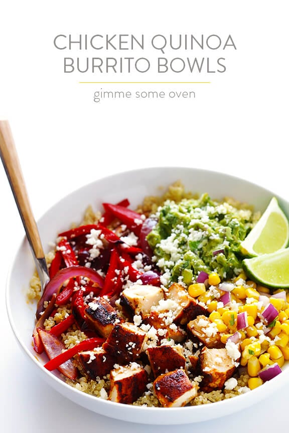 Chicken Quinoa Burrito Bowls -- easy to make, naturally gluten-free, and even tastier than the restaurant version! | gimmesomeoven.com