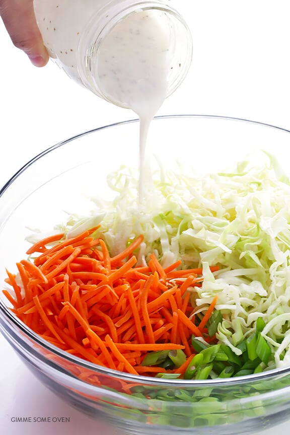 Greek Yogurt Coleslaw -- the classic coleslaw we all love, lightened up with Greek yogurt instead of mayo and ready to go in 5 minutes! | gimmesomeoven.com