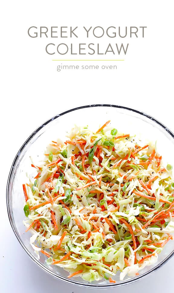 Greek Yogurt Coleslaw -- the classic coleslaw we all love, lightened up with Greek yogurt instead of mayo and ready to go in 5 minutes! | gimmesomeoven.com