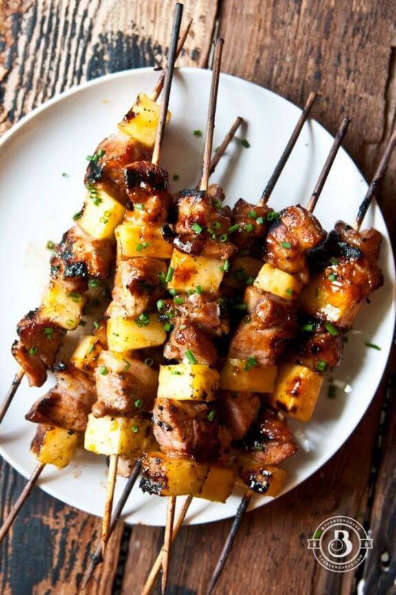 Beer Brined Pork and Pineapple Skewers with Apricot Chili Glaze | thebeeroness.com