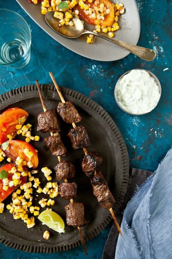 Lamb Kebabs with Tomato & Grilled Corn Salad with Sriracha Vinaigrette | tarteletteblog.com