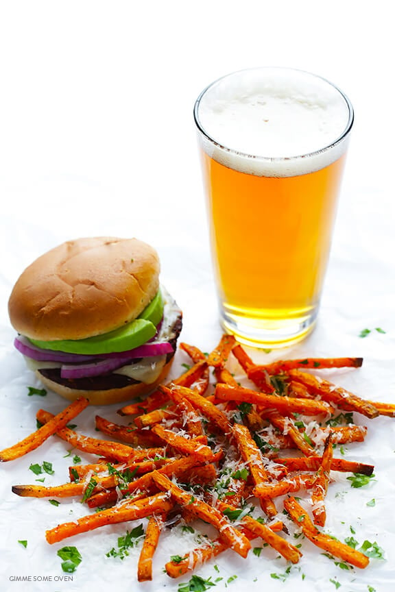 Baked Parmesan Sweet Potato Fries -- easy to make, healthier than the fried version, and super tasty | gimmesomeoven.com