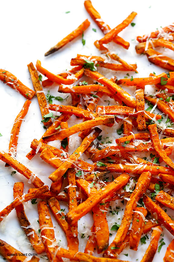 Baked Parmesan Sweet Potato Fries -- easy to make, healthier than the fried version, and super tasty | gimmesomeoven.com