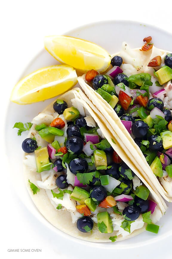 Fish Tacos with Blueberry-Almond Salsa -- perfectly sweet and savory, naturally gluten-free, and SO GOOD! | gimmesomeoven.com