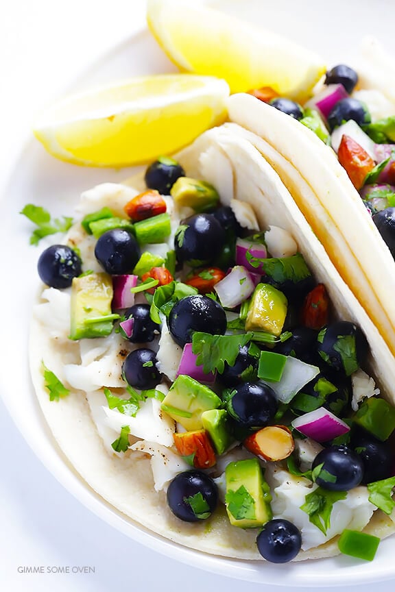 Fish Tacos with Blueberry-Almond Salsa -- perfectly sweet and savory, naturally gluten-free, and SO GOOD! | gimmesomeoven.com