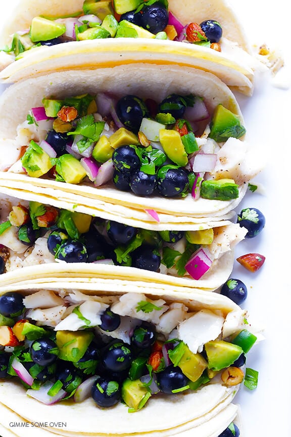 Fish Tacos with Blueberry-Almond Salsa -- perfectly sweet and savory, naturally gluten-free, and SO GOOD! | gimmesomeoven.com