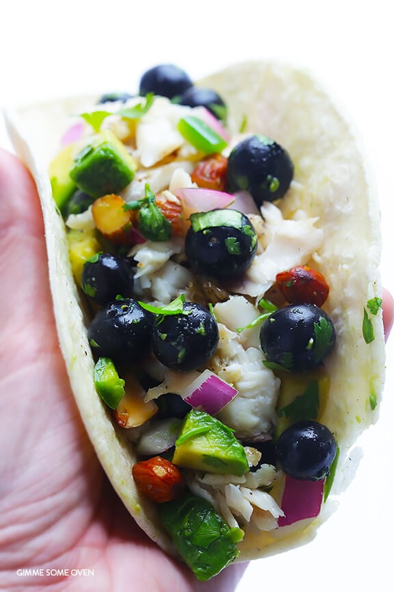 Fish Tacos with Blueberry-Almond Salsa -- perfectly sweet and savory, naturally gluten-free, and SO GOOD! | gimmesomeoven.com